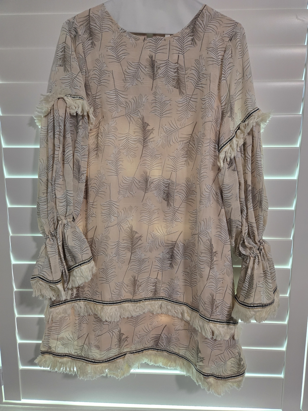 Women's Cream Printed Fringe-Trim Tunic Top